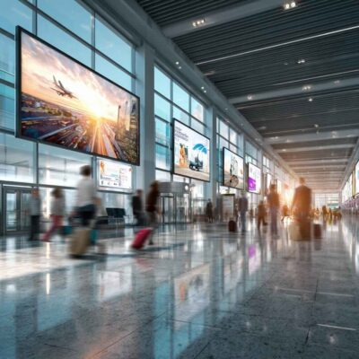 Große, hochauflösende Digitaldisplays in einer hellen, modernen Bahnhof- oder Flughafenhalle zeigen Werbung und Informationen für Reisende, während Menschen mit Gepäck vorbeigehen.
