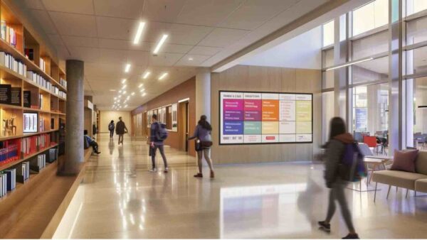 Ein großes digitales Wanddisplay in einer hellen Schul- oder Universitätslobby zeigt farbcodierte Stundenpläne, Veranstaltungsankündigungen und wichtige Hinweise für Studierende und Lehrkräfte.