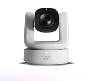 Cisco Room Vision PTZ Kamera in Weiß mit KI-gestützter Sprecherverfolgung für hybride Schulungsräume