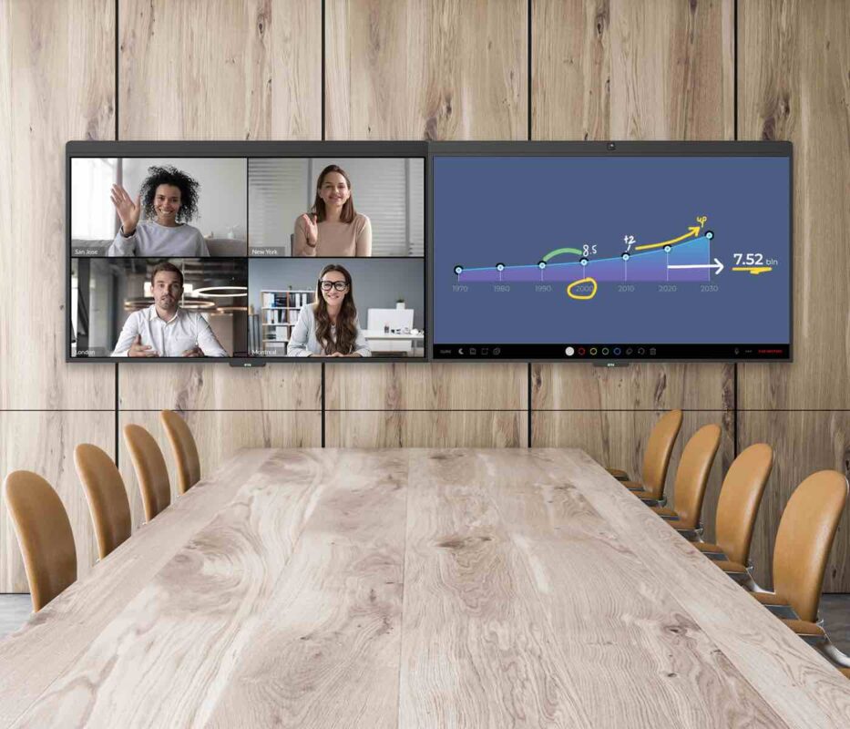 Konferenzraum mit DTEN D7 Dual-Displays – Zoom-Meeting auf einem Bildschirm, Whiteboard-Inhalte auf dem zweiten