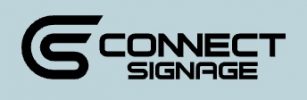 Connect Signage Logo in schwarzer Schrift mit stilisiertem „C“-Symbol auf hellblauem Hintergrund, repräsentiert eine Marke für digitale Beschilderung, Informationsdisplays und visuelle Kommunikationslösungen.