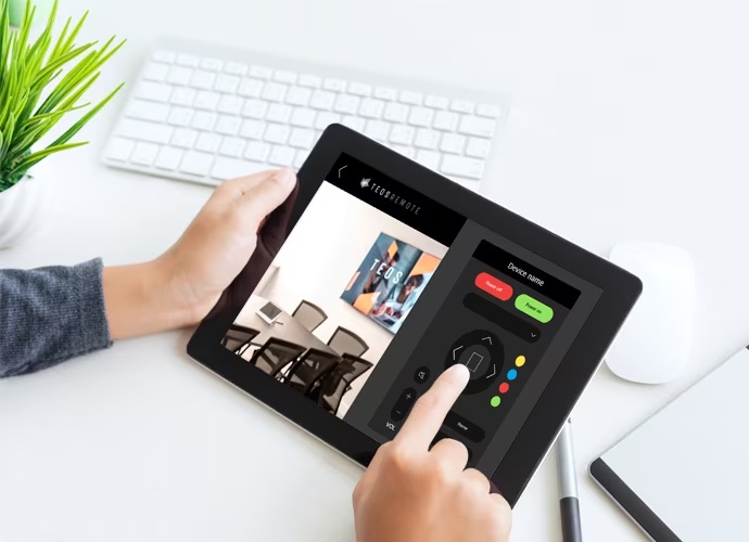 Tablet mit Sony TEOS Oberfläche zur Steuerung von Konferenztechnik im Besprechungsraum