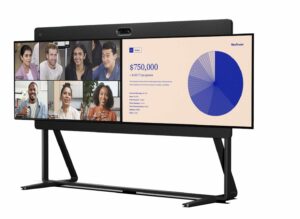 Komplettes Cisco Room Kit EQX Setup mit zwei 75-Zoll-Displays und Tisch-Mikrofonen